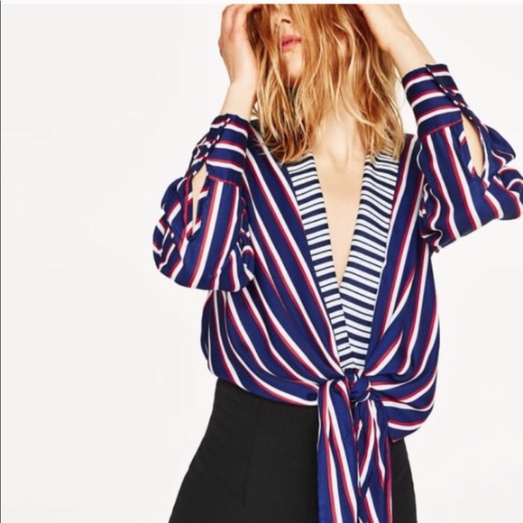 Zara Tops Zara Striped Bodysuit With Front Knot Poshmark